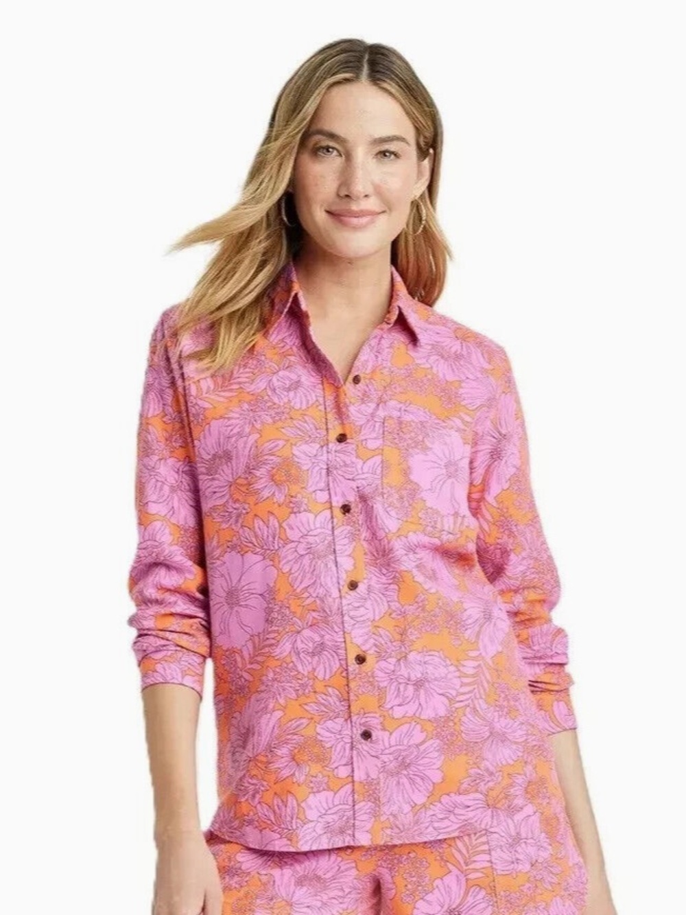 Universal Thread Orange & Pink Floral LS Relaxed Fit Button Up Shirt Women’s XXL